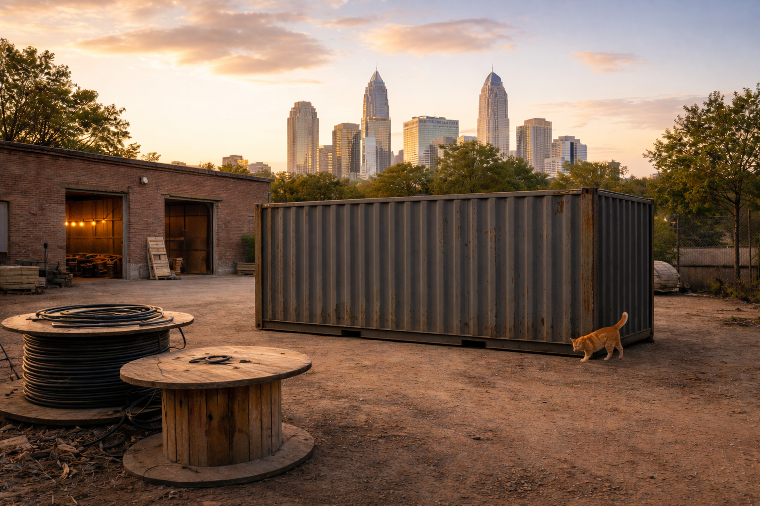 Shipping container in a work yard near Charlotte at sunset