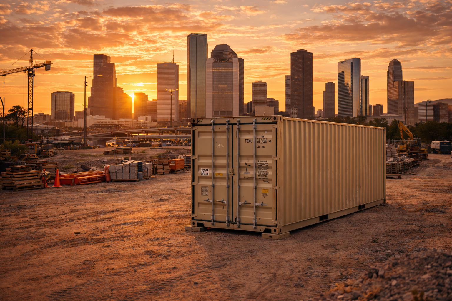 Shipping container in a construction yard in Houston, TX Rental Shipping Container in Houston, TX