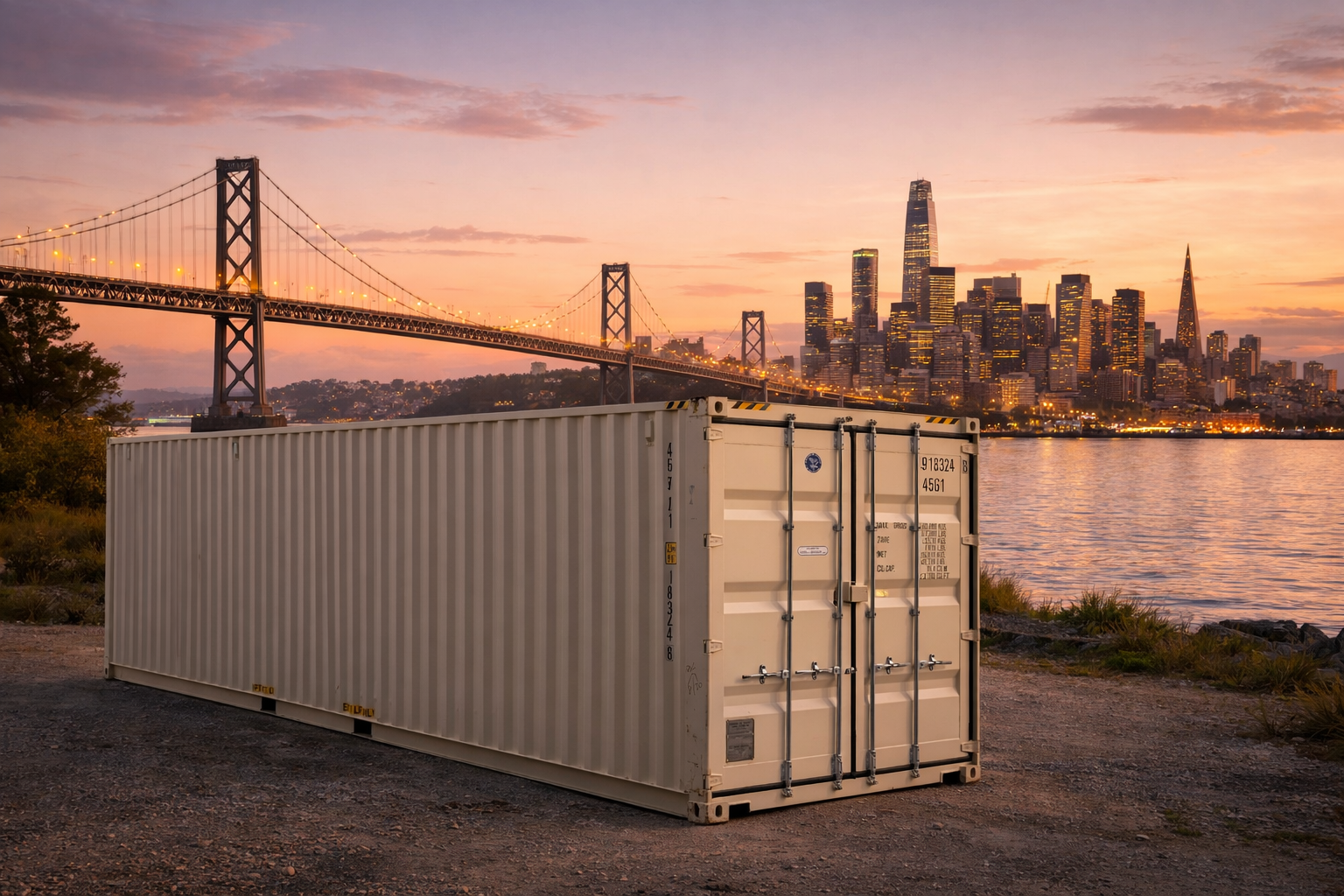 Shipping container rental in Oakland with the Bay Bridge and San Francisco skyline at the Golden Hour