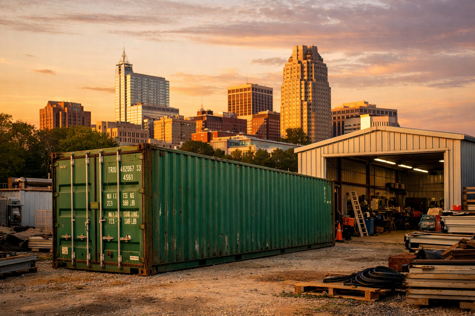 Shipping container in a workyard near Raleigh